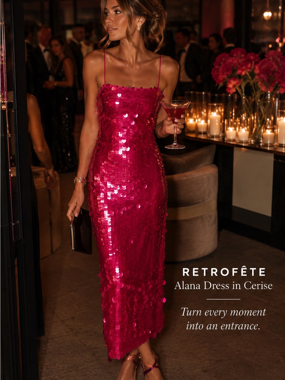 NWT Retrofete Alana Sequin Midi Dress XS Cerise Pink New With Tags